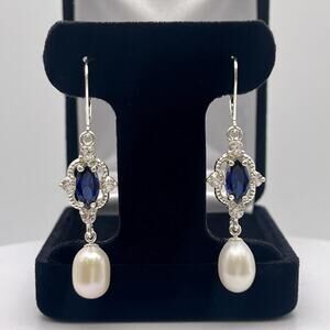 Genuine Pearls & Sapphire Earrings Sterling Silver Drop Dangle Pearl Earrings
